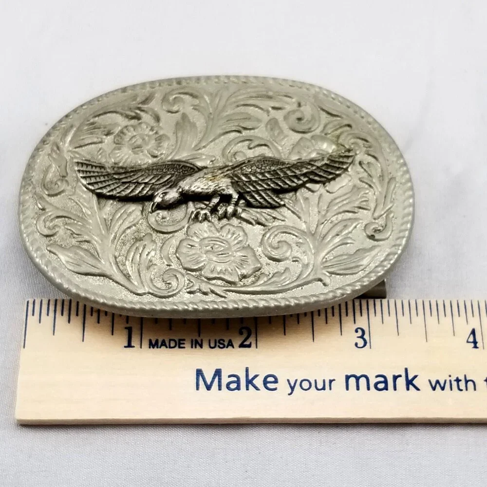 Vintage Western Cowboy Belt Buckle Silver‎ Tone Eagle Floral Engraved Design